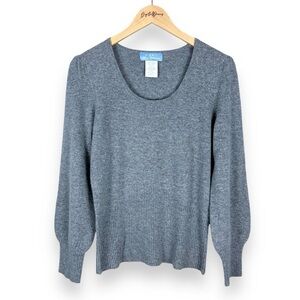 100% Cashmere Puff Sleeve Sweater Flannel Grey L Soft EUC Fitted Gray Quiet Lux